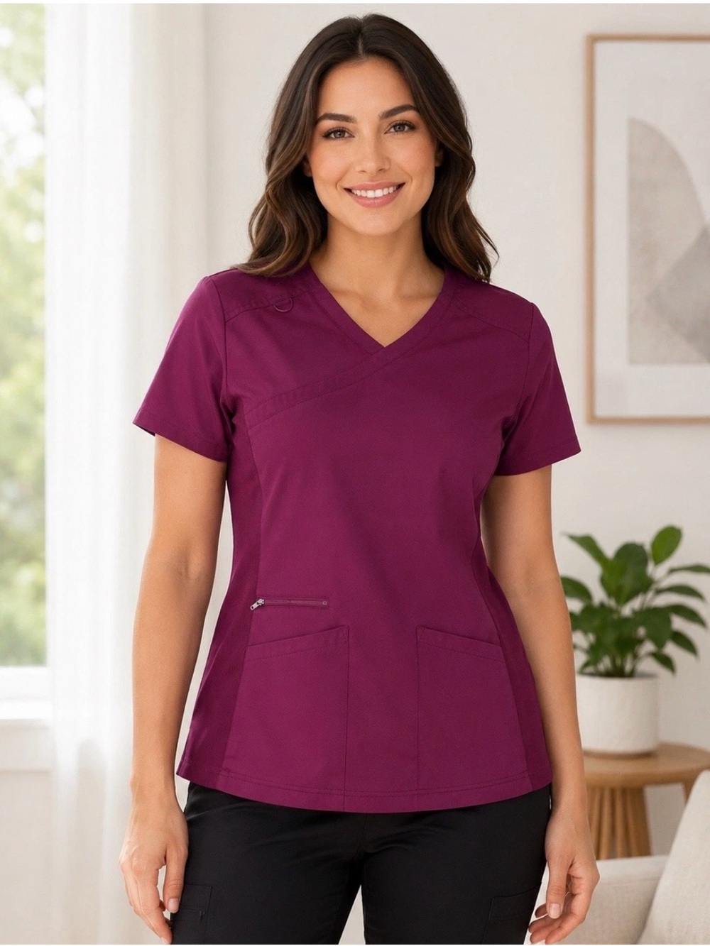 Dickies EDS Three-Way Stretch Scrub Top Women’s Large Burgundy V-Neck